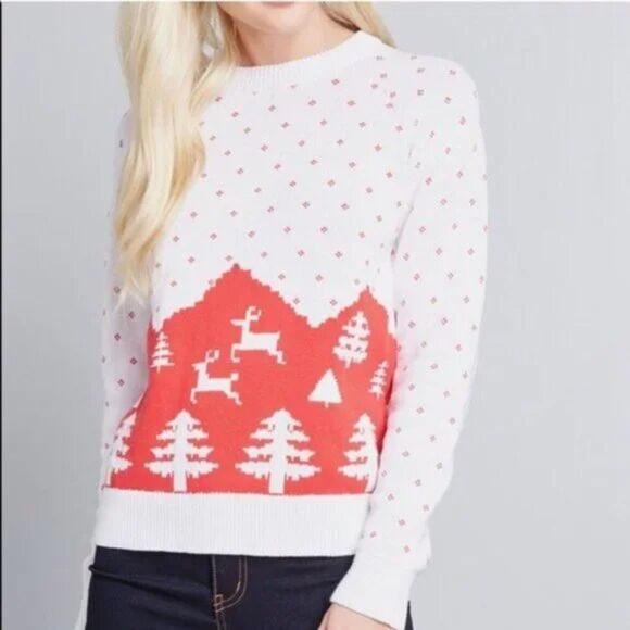 Modcloth Medley Of Merriment Christmas Sweater Red And White Knit, Medium (A6) - Picture 1 of 7